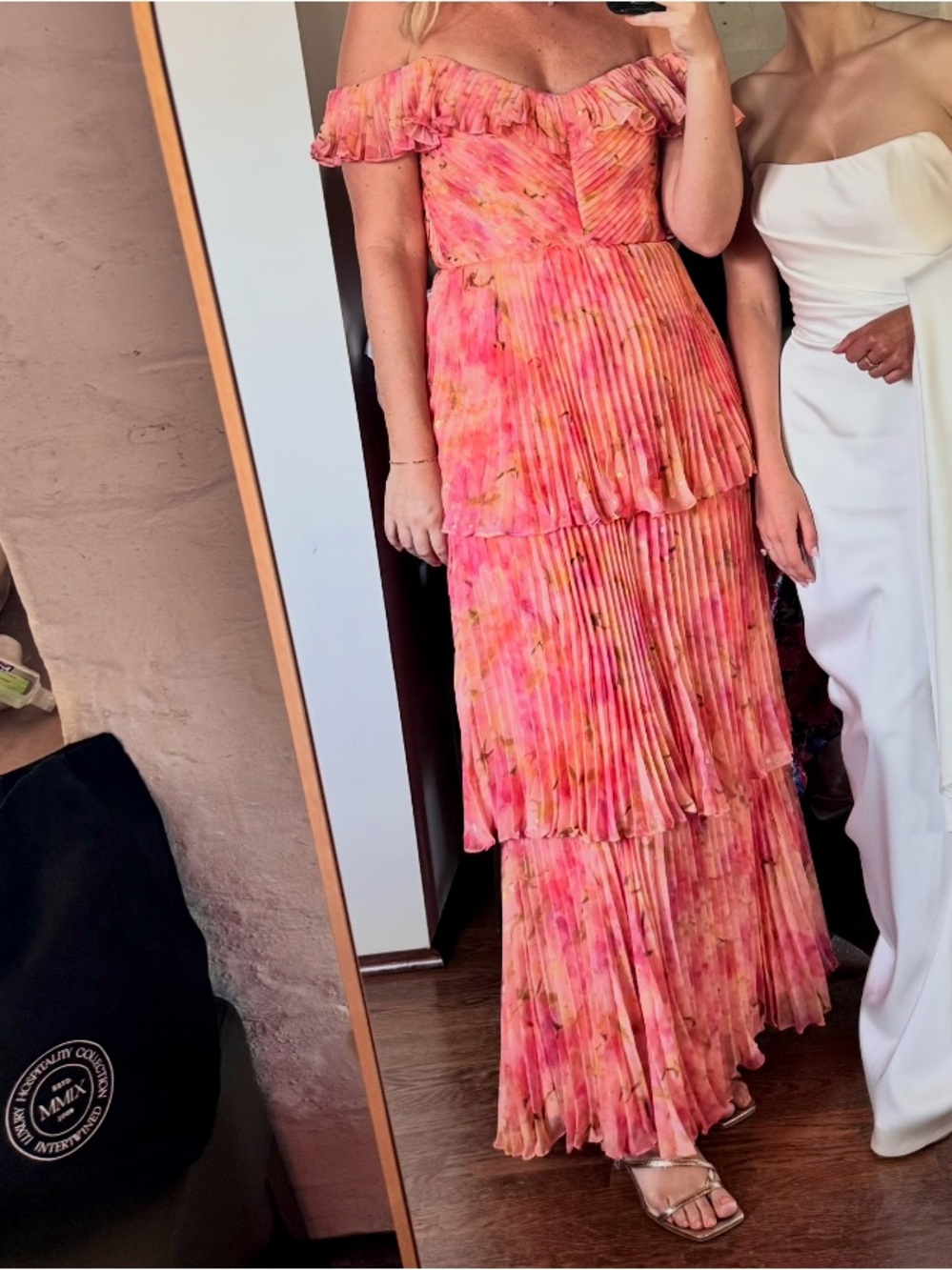 Theia One-Shoulder Pleated Tiered Gown - Pink Peach Floral - Picture 3 of 3